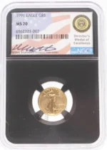 1991 $5 Gold American Eagle NGC MS70 Miles Standish Signature