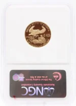 The 1989 $10 Gold American Eagle Proof coin is a significant addition to any numismatic collection, especially for those aiming to build a complete Proof 70 set. In 1989, the U.S. Mint produced 54,170 one-quarter ounce proof coins. Achieving a perfect PF70 Ultra Cameo grade from the Numismatic Guaranty Corporation (NGC) is exceptionally rare, with less than 3% of the minted coins attaining this grade. This coin features a deep mirror finish with highly lustrous surfaces, showcasing intricate details and flawless preservation. Its pristine condition and exceptional eye appeal make it a coveted piece for discerning collectors.
