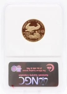 The 1989 $10 Gold American Eagle Proof coin is a significant addition to any numismatic collection, especially for those aiming to build a complete Proof 70 set. In 1989, the U.S. Mint produced 54,170 one-quarter ounce proof coins. Achieving a perfect PF70 Ultra Cameo grade from the Numismatic Guaranty Corporation (NGC) is exceptionally rare, with less than 3% of the minted coins attaining this grade. This coin features a deep mirror finish with highly lustrous surfaces, showcasing intricate details and flawless preservation. Its pristine condition and exceptional eye appeal make it a coveted piece for discerning collectors.